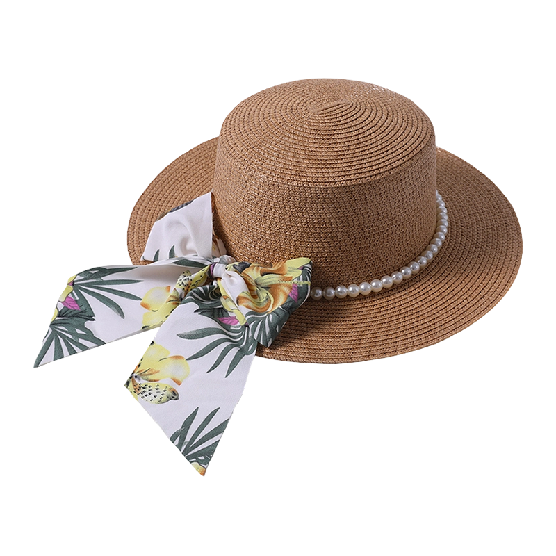 Ladies Straw Hat with Pearl Embellished Ribbon Bow Ladies Straw Hat with Pearl Embellished Ribbon Bow